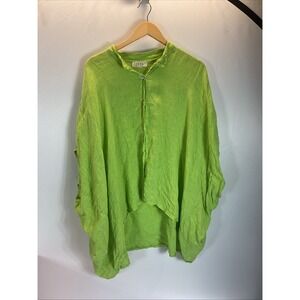 Saga‎ Made in Italy Linen Button Down Oversized Tunic Top green Plus Size